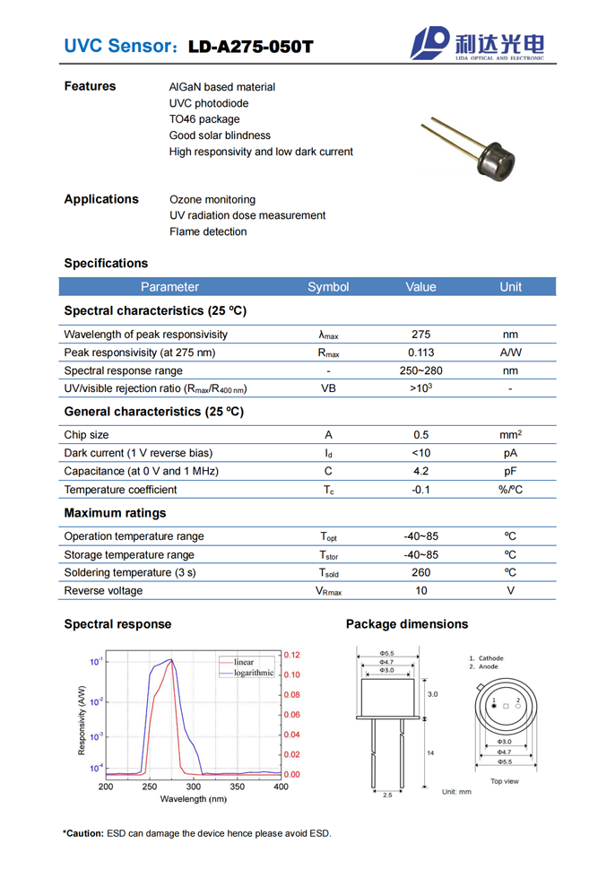 AlGaN日盲系列紫外探測(cè)器 LD-A275-050T